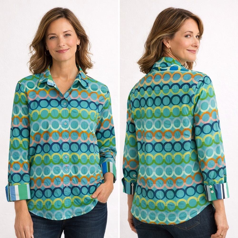 Tizzie Button Up Shirt Colorful Circles Print Cotton Long Sleeve Top